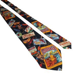 Vintage Addiction Fisherman Theme Silk Necktie 56 Inches Lure‎ Boat Dad Gift